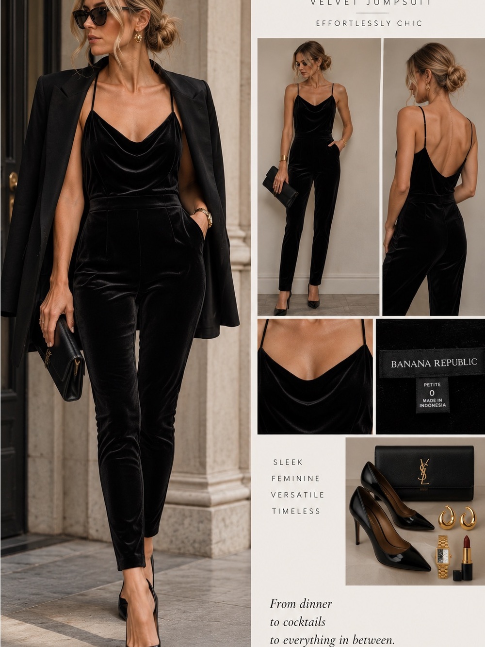 Banana Republic Black Velvet Cowl Neck Skinny Jumpsuit Petite 0